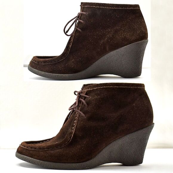 Banana Republic Wedge Heel Lace-Up Booties Brown Suede Leather - Women's 9.5 M - Picture 2 of 7